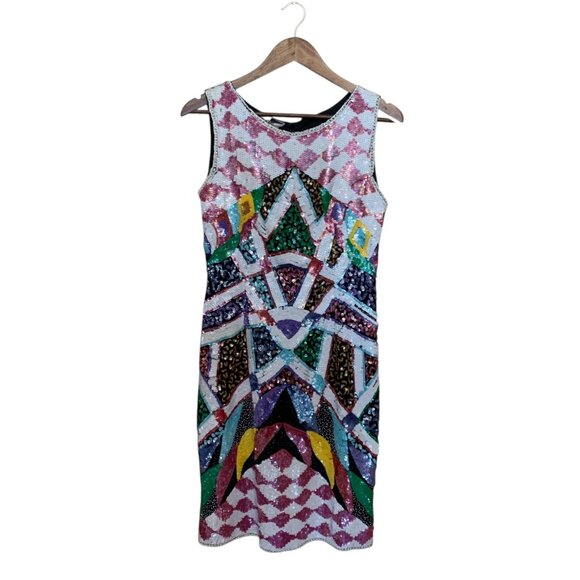 VTG Carina Dress Multicolor Sequin Geometric Sleeveless Mini Sz M Y2K Bodycon - Picture 2 of 16